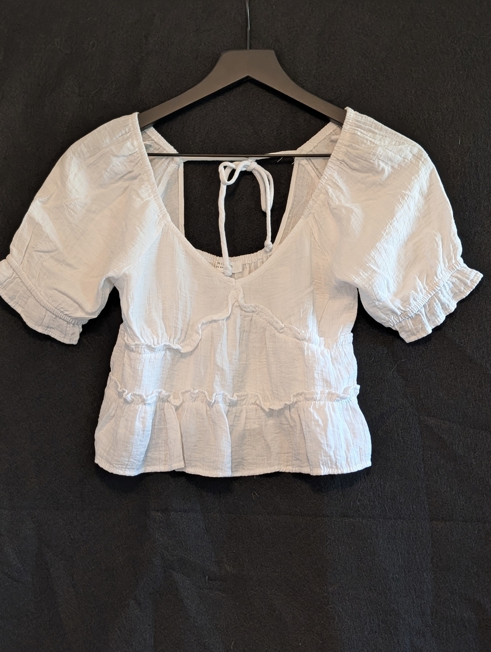 Kirious Los Angeles White Puff Sleeve Peplum Crop Top XS Tie Back Boho Shirt